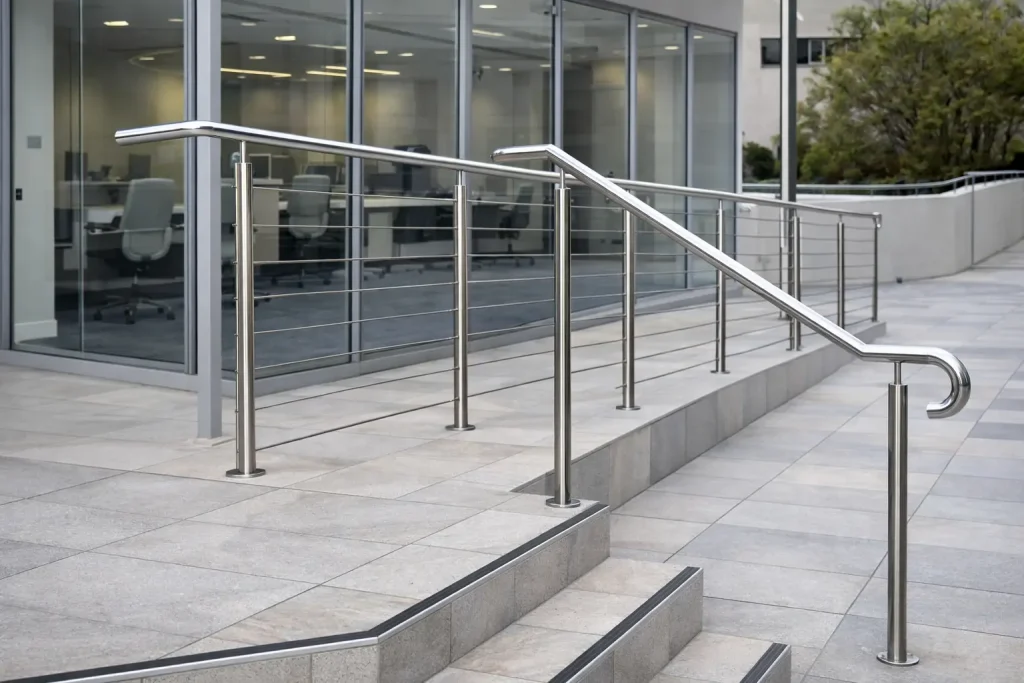 מעקה אלומיניום בכניסה לבניין משרדים